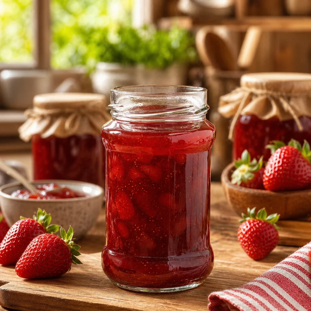 Frasco redondo de 390 ml cheio de compota de morango em cima de uma mesa de madeira com morangos frescos e outros frascos de compota atrás