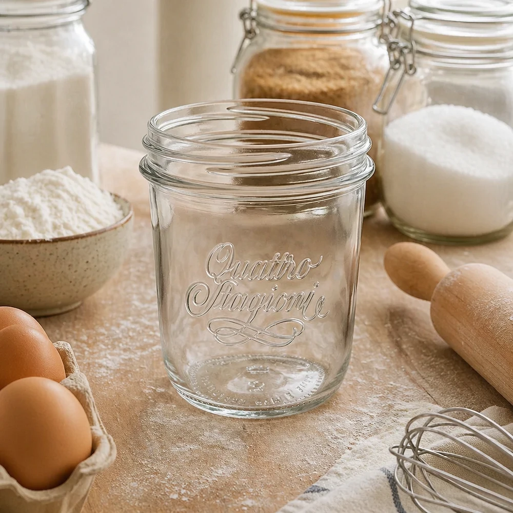 Copos Quattro Stagioni QS86mm de 320 ml em cima da mesa da cozinha com ingredientes de pastelaria, ovos e farinha