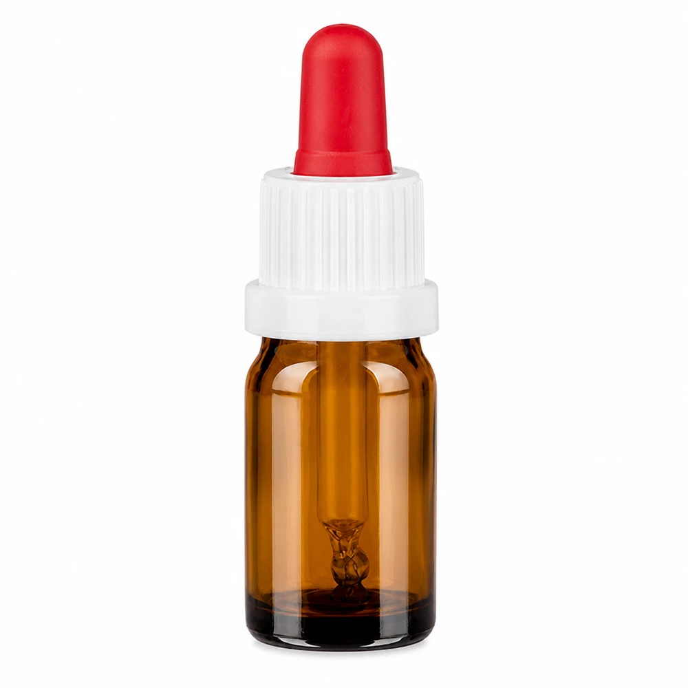 Frasco pipeta de 5 ml branco/vermelho com fecho inviolável BrownLine UT18/5 Frasco de pipeta de 5 ml em vidro âmbar com tampa branca e pipeta vermelha para uma dosagem precisa