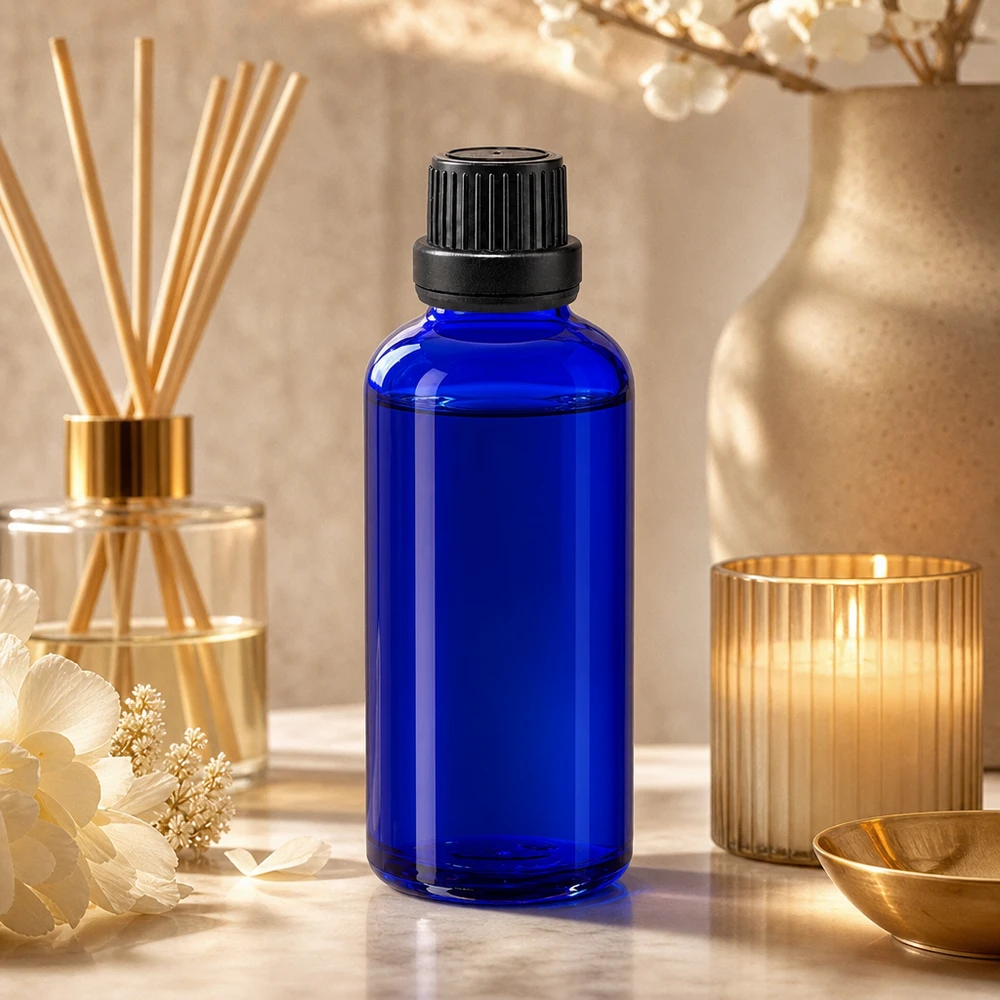 Frasco conta-gotas azul de 50 ml com bico dosador de 2 mm e tampa preta sobre fundo de mármore, com aroma ambiente
