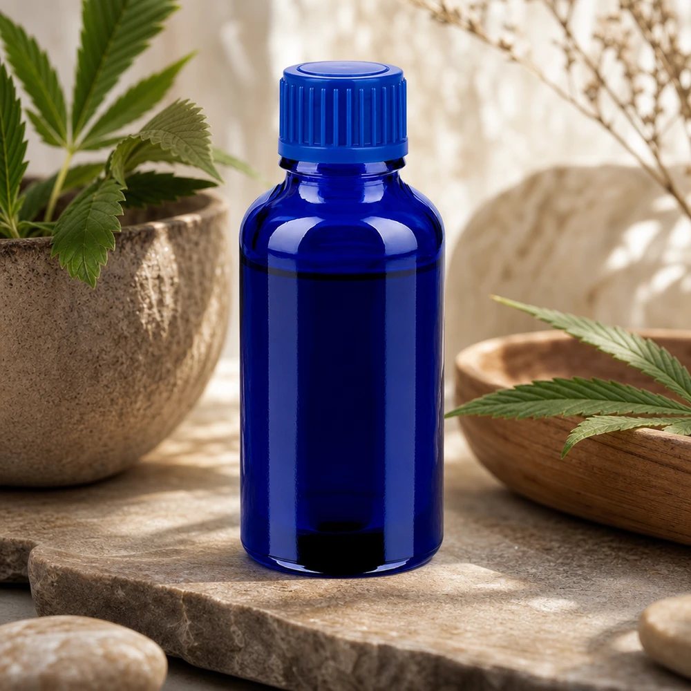 Frasco de vidro compacto de 30 ml em azul brilhante, ideal para pequenas quantidades de substâncias de alta qualidade