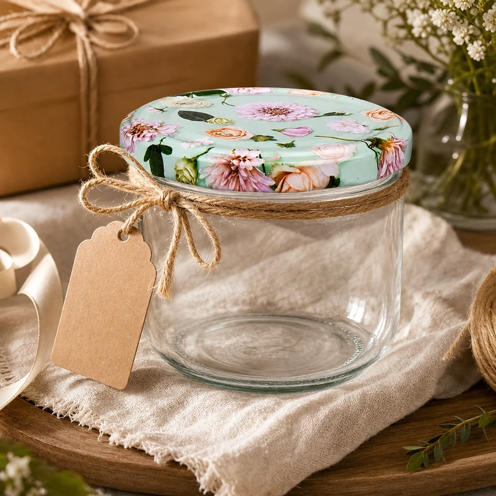 Copos de vidro de 260 ml + tampa BasicSeal flor menta UNiTWIST Copos de 260 ml decorados com tampa floral BasicSeal, menta, cordão de juta, etiqueta de oferta em tecido de linho