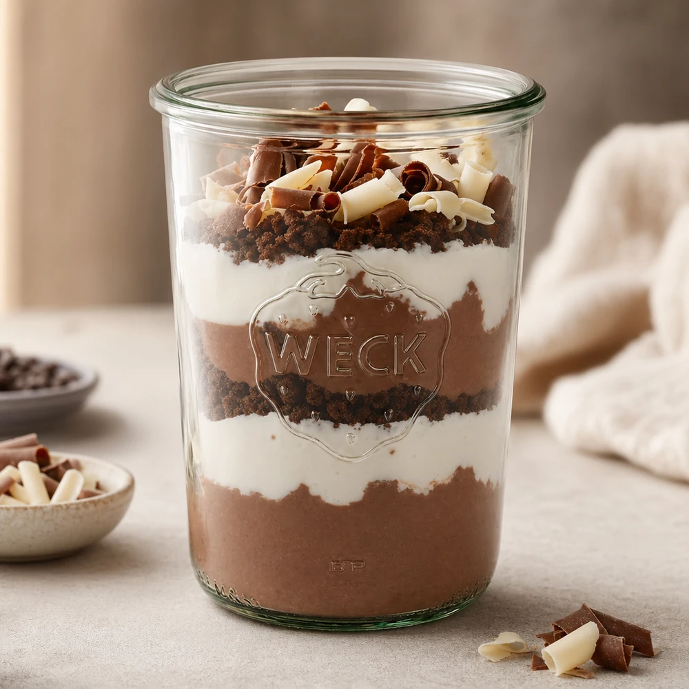 Copos de vidro de 850 ml WECK RR100 Copos WECK RR100 de 850 ml recheados com uma sobremesa em camadas de mousse de chocolate, natas e migalhas de biscoito