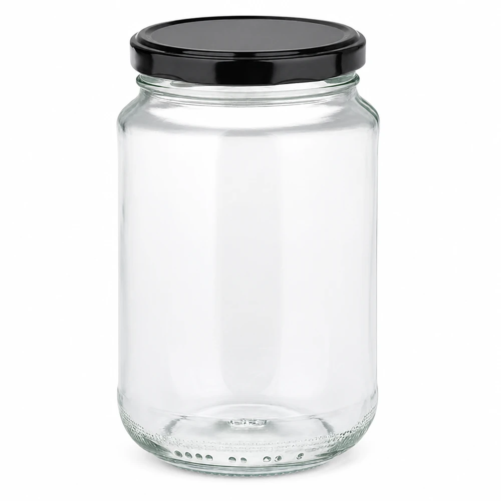 Frasco redondo de 375 ml com tampa BasicSeal preta Fecho UN Frasco para conservas transparente vazio Frasco para conservas