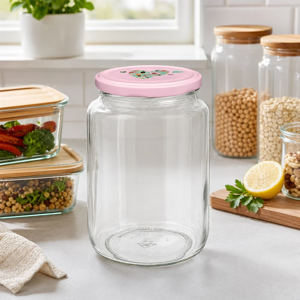 Frasco redondo de 795 ml + tampa BasicSeal cor-de-rosa UNiTWIST Vorratsglas 795ml in Küche mit rosa Herzdeckel für Lebensmittelaufbewahrung neben anderen Glasbehältern