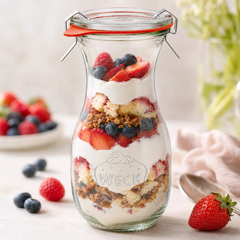 Garrafa de sumo WECK 290ml RR60 com sobremesa em camadas de iogurte, bagas e granola como ideia criativa para utilização