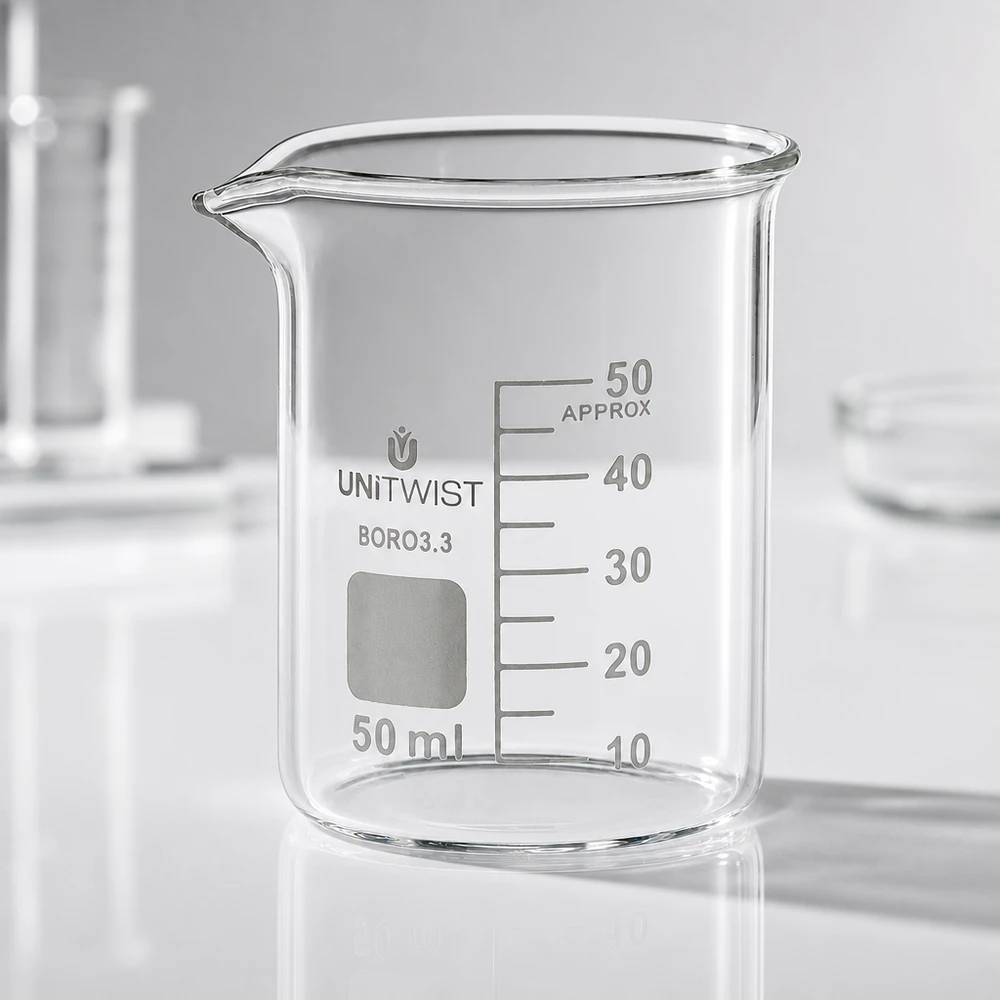 Copo 50 ml de borossilicato, baixo teor de bolor UNiTWIST Copo de vidro transparente vazio de 50 ml, de formato baixo, UNiTWIST BORO 3.3, sobre uma bancada de laboratório branca