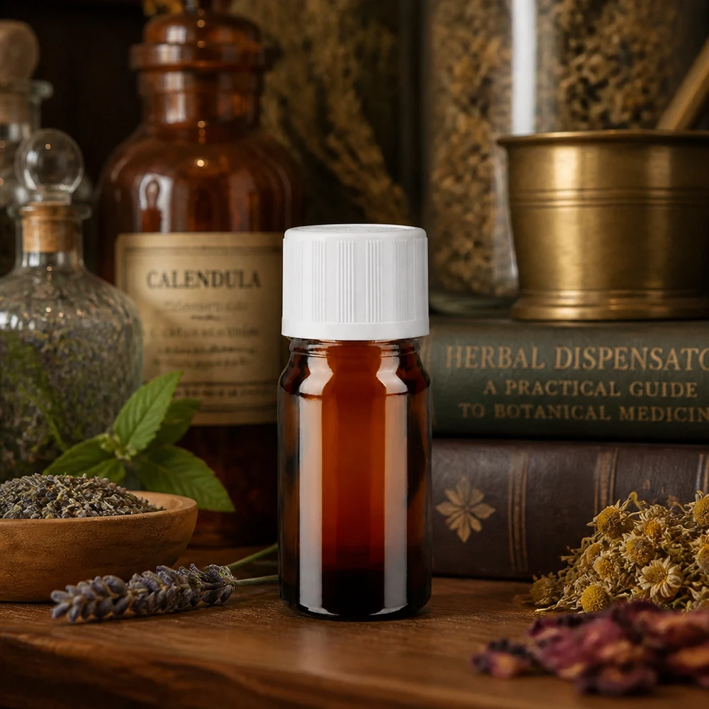 Frasco conta-gotas castanho de 5 ml com tampa KiSi branca, entre ervas secas e livros sobre plantas medicinais
