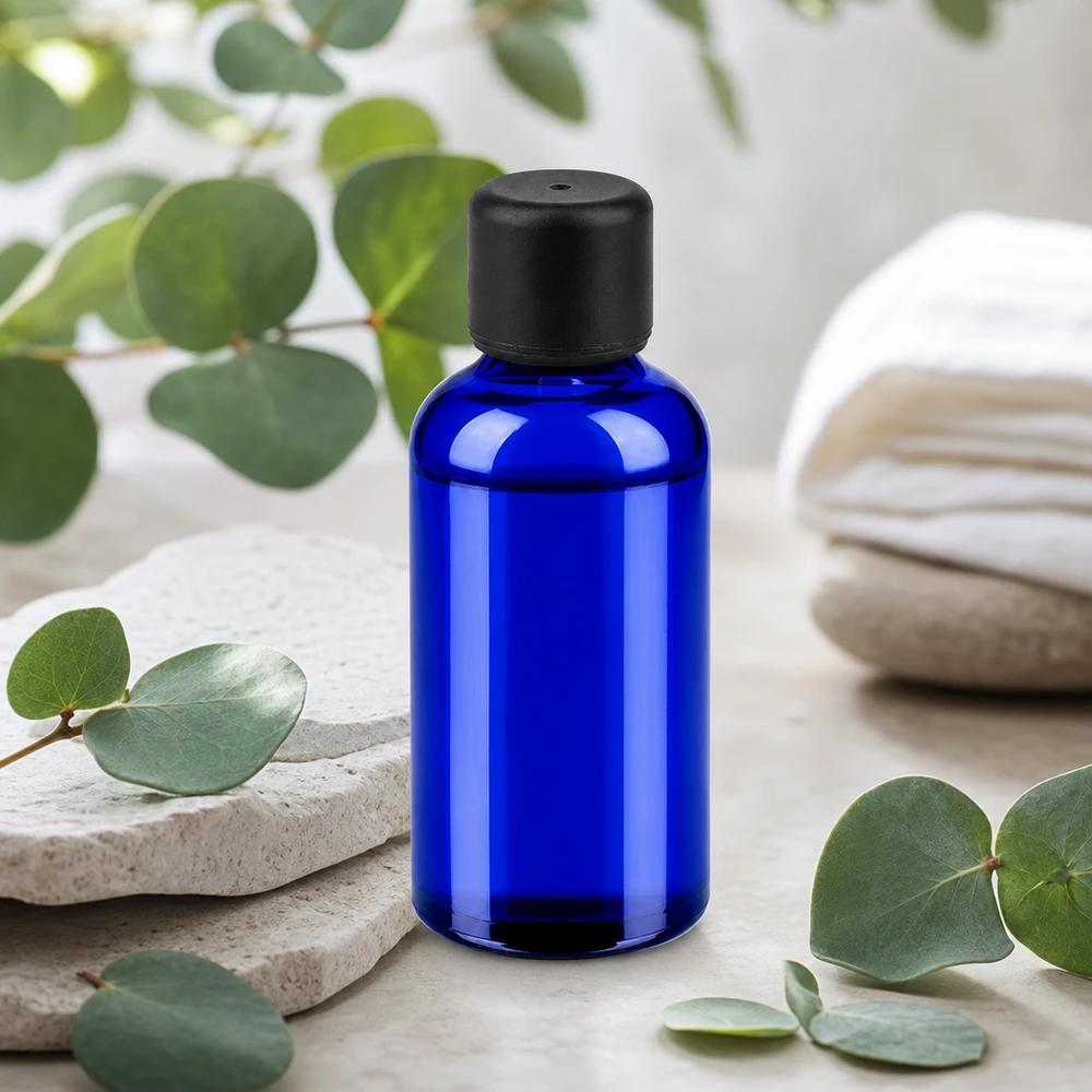 Frasco de vidro compacto de 50 ml em azul elegante com uma prática tampa com conta-gotas para soros e tinturas