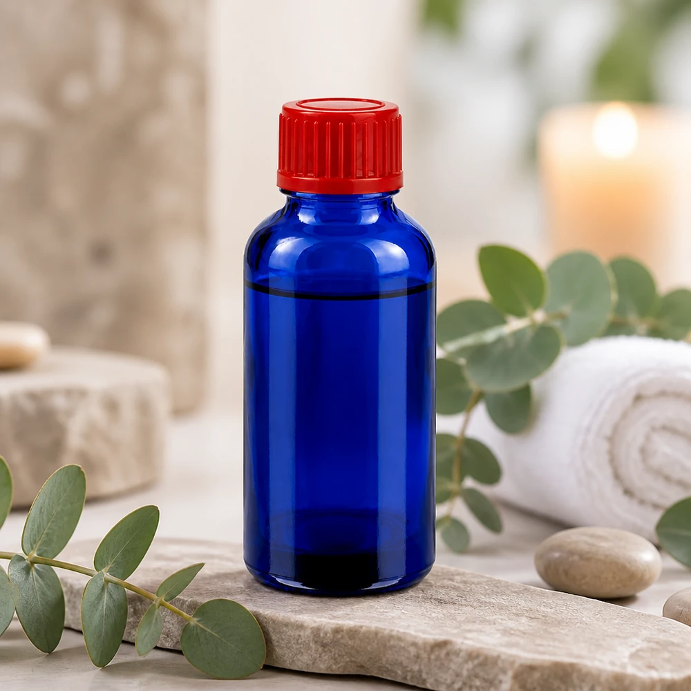 Frasco de boticário compacto de 30 ml em vidro azul com tampa de rosca vermelha à prova de crianças