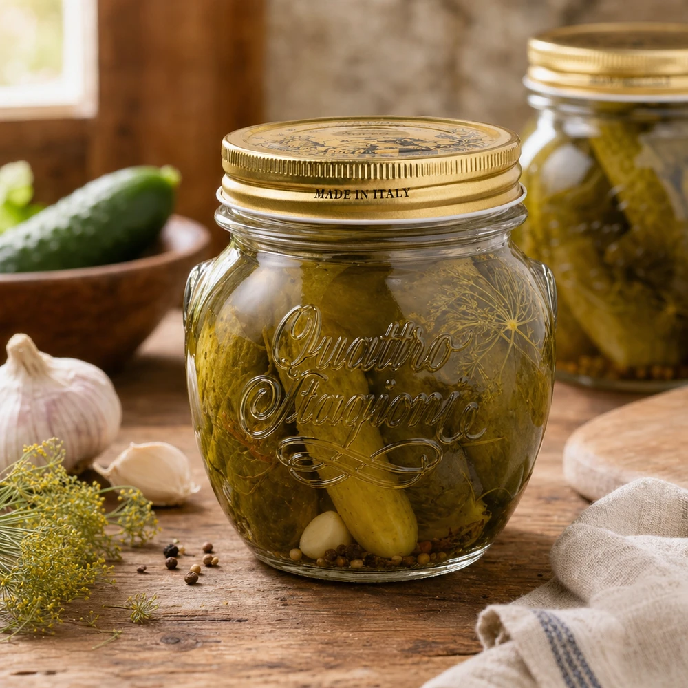 Frasco redondo Quattro Stagioni de 300 ml com tampa dourada cheio de pepinos em conserva numa mesa de madeira rústica Fabricado em Itália