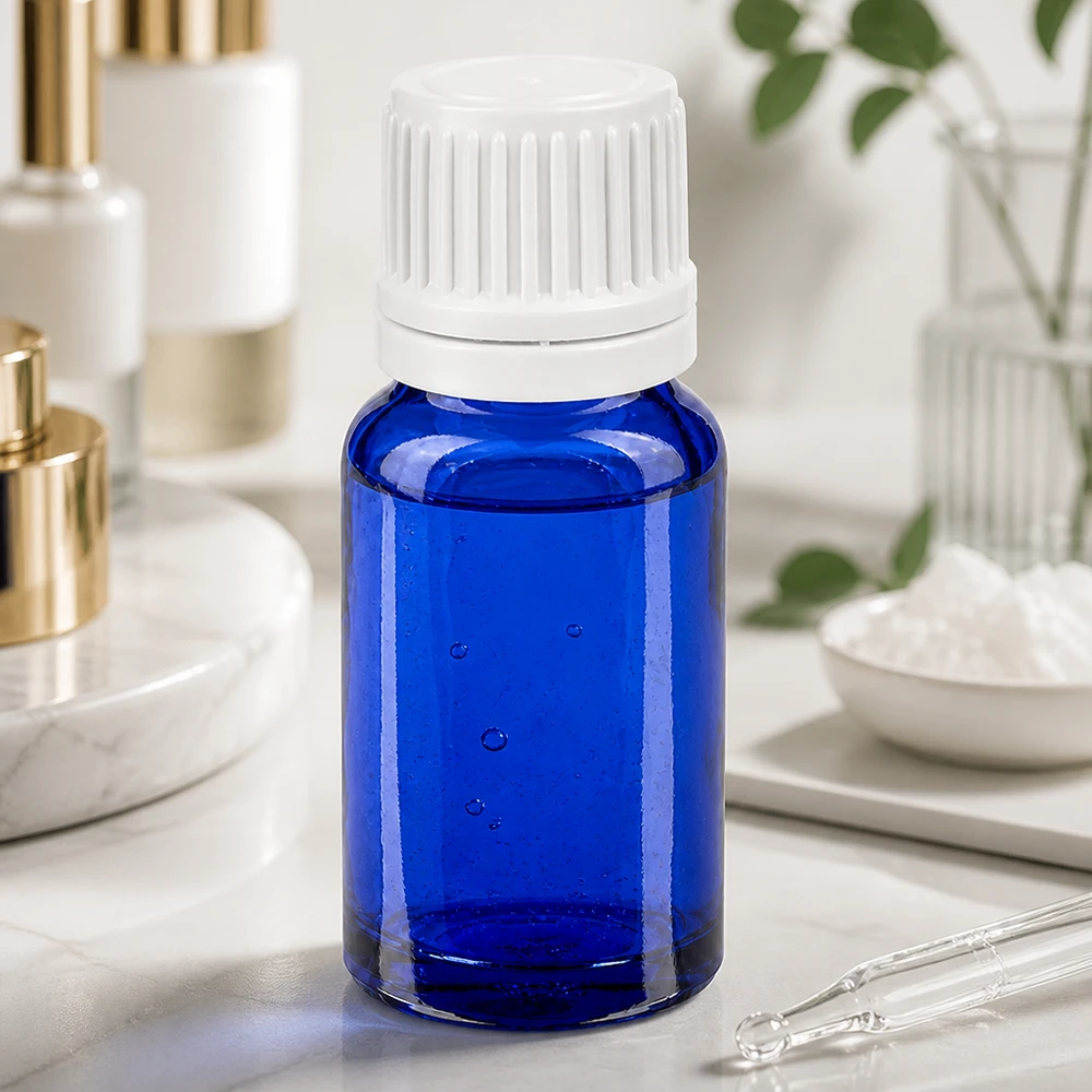 Frasco conta-gotas de 10ml 0,7mm branco com fecho inviolável BlueLine UT18/10 Frasco conta-gotas compacto de 10 ml em azul elegante com uma prática tampa de rosca branca