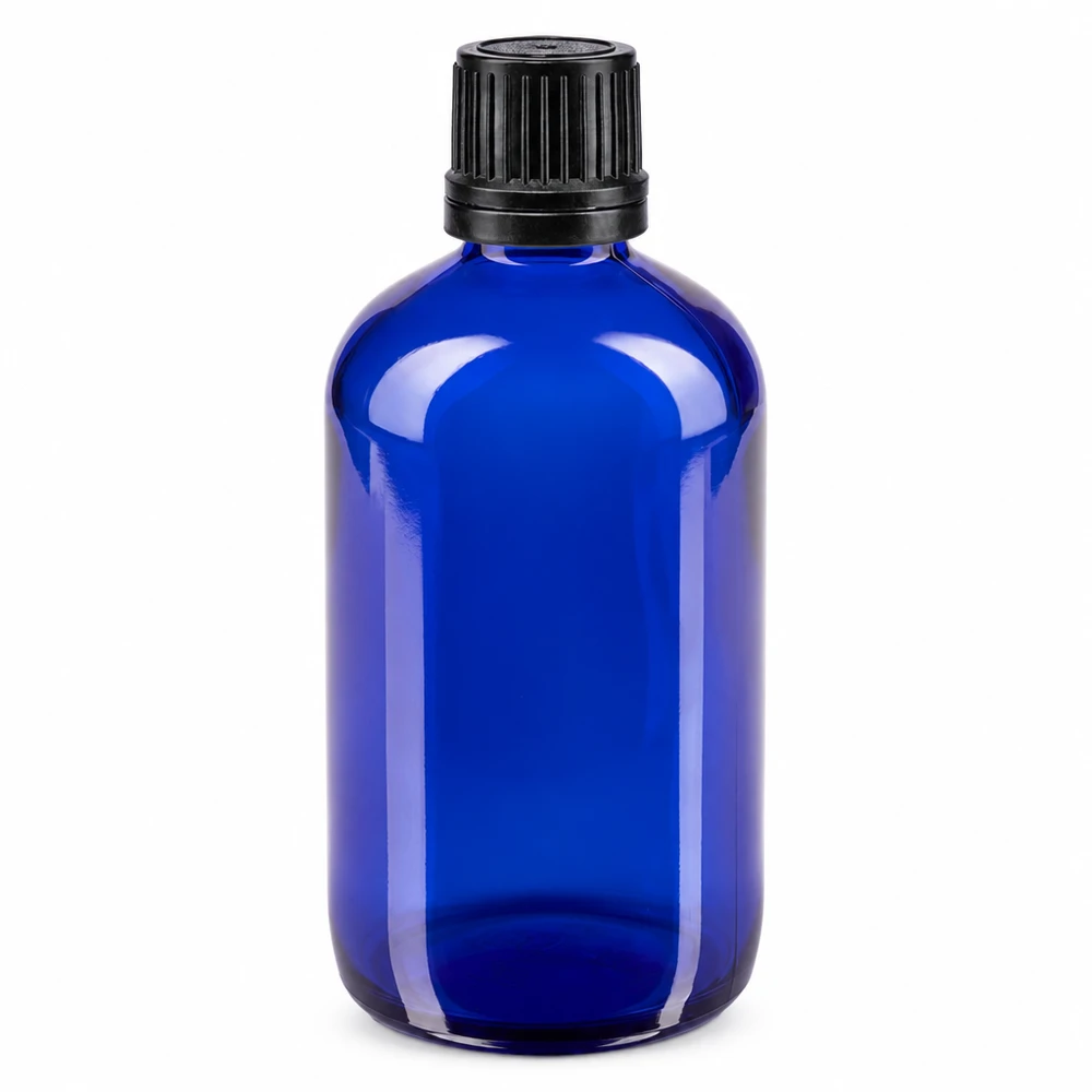 Frasco de vidro azul de farmácia com 100 ml e tampa preta original de 8 mm