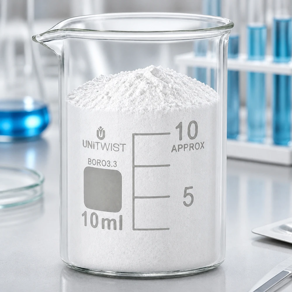Copo de 10 ml de borosilicato, baixo molde UNiTWIST Copo de vidro UNiTWIST de 10 ml, de formato baixo, cheio de pó branco num laboratório profissional