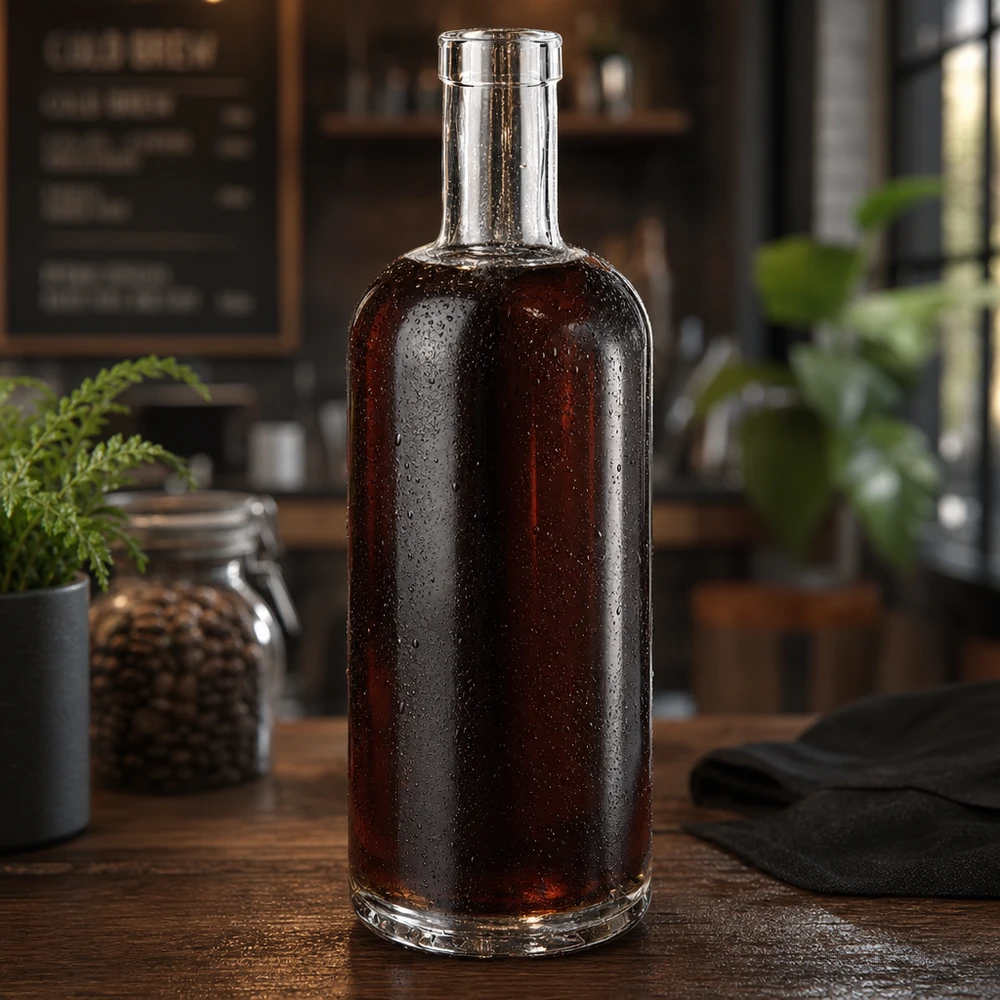 Garrafa de vidro Emma de 750 ml cheia de whisky escuro numa cozinha rústica com gotas de água na superfície