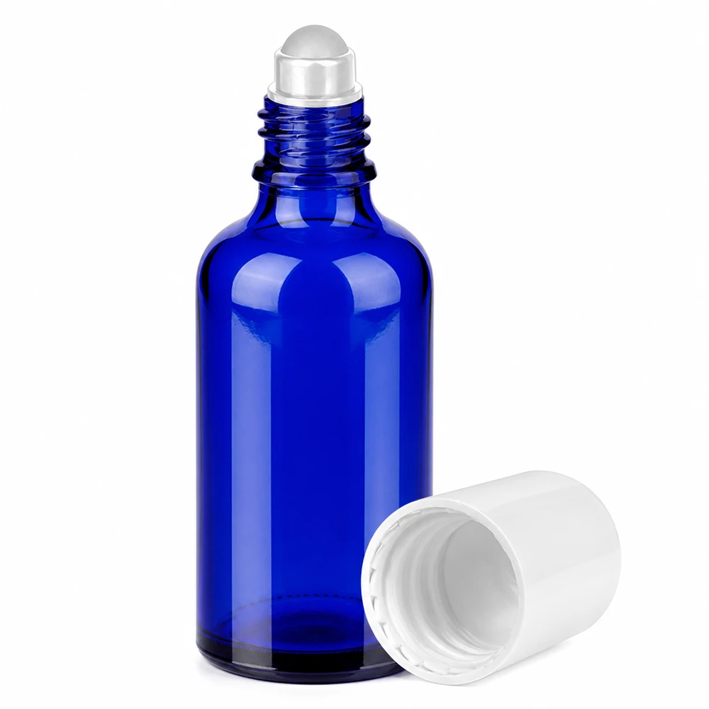 Frasco de vidro roll-on de 50 ml em azul-cobalto com esfera de rolo em aço inoxidável para uma aplicação precisa