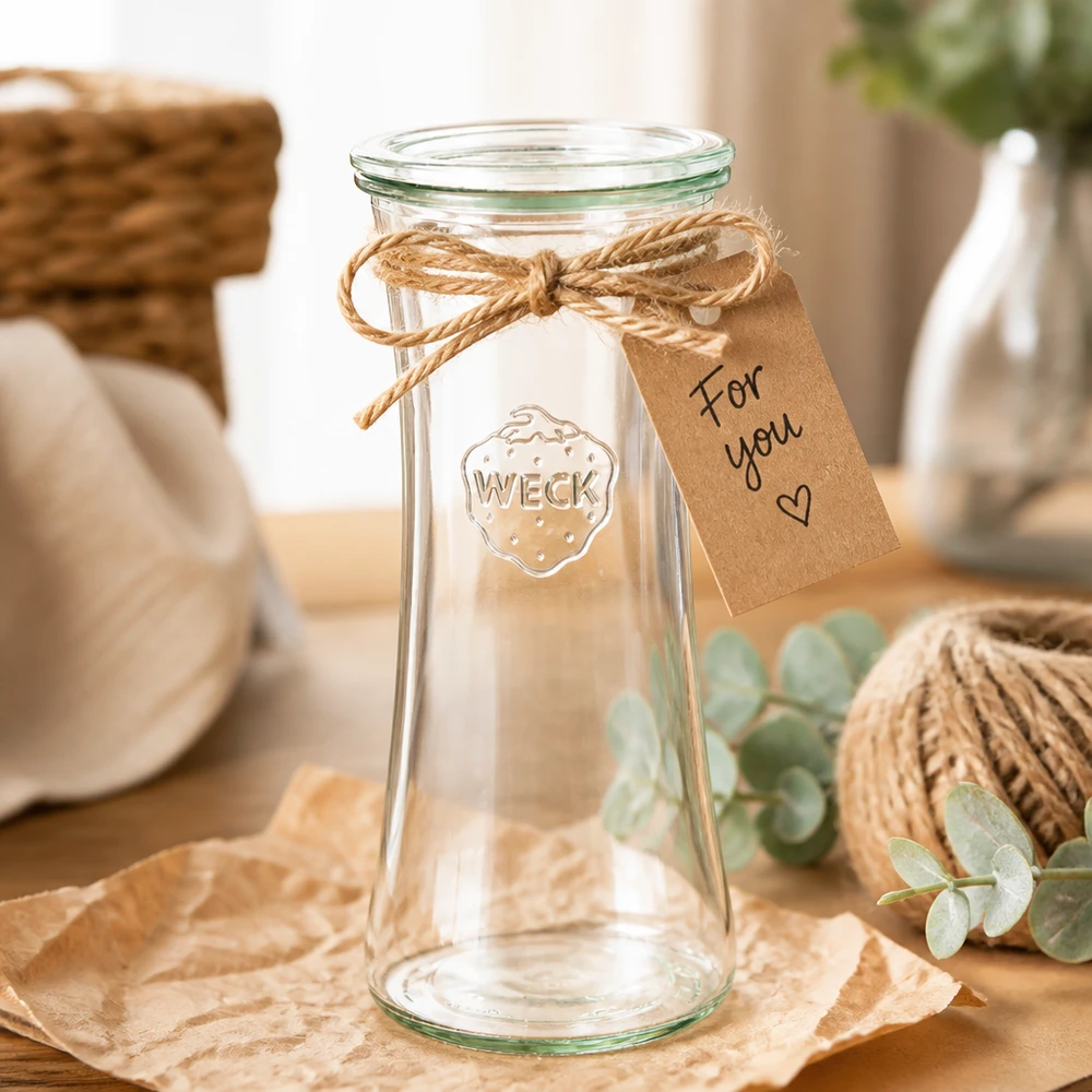 Frasco para charcutaria de 700ml com tampa de vidro WECK RR80 WECK Delikatessenglas 700ml RR80 mit Geschenkanhänger und Juteschnur - dekoratives Einmachglas als Geschenkidee
