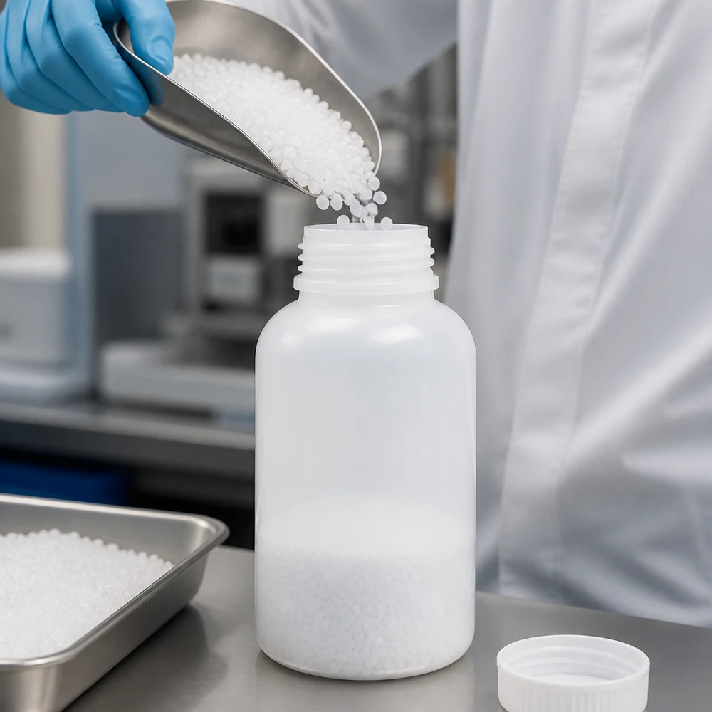 Frasco de laboratório de 500 ml de HDPE com gargalo largo e grande abertura para enchimento com granulado