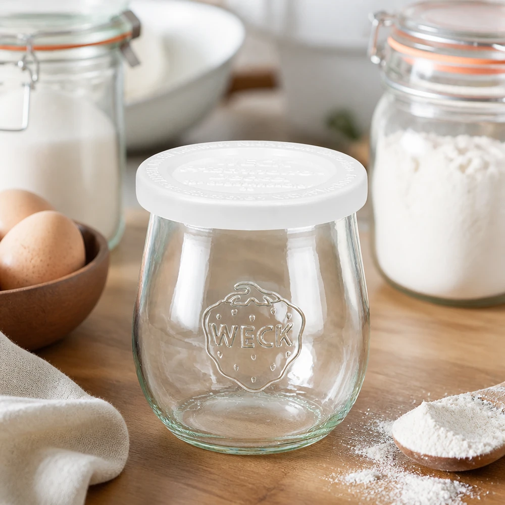 Frasco de tulipa WECK 220ml RR60 na cozinha de pastelaria com farinha e ovos - frasco de conservação para pastelaria e cozinha