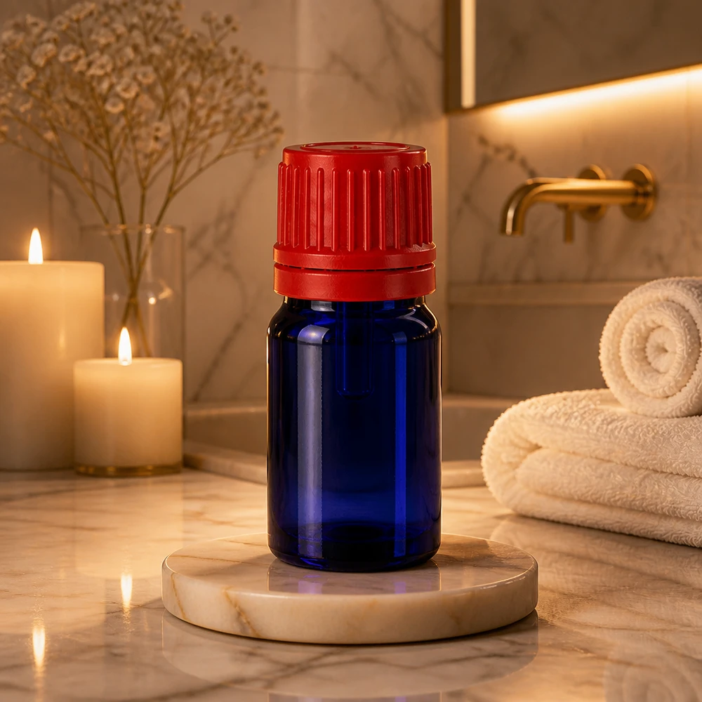 Frasco de 5 ml com tampa de rosca de 11 mm vermelha com fecho inviolável BlueLine UT18/5 Frasco aromatizante compacto de 5 ml BlueLine UT18/5 com tampa vermelha de segurança para crianças para casas de banho