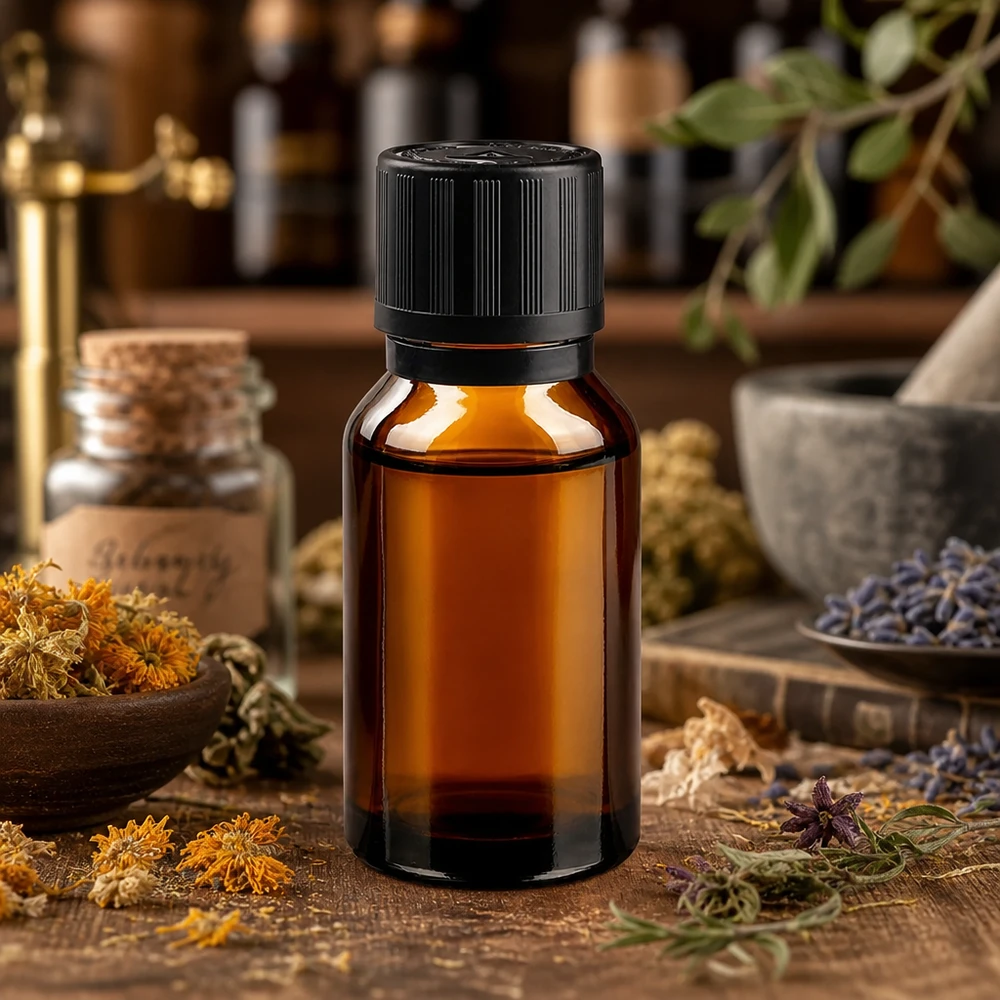 Frasco de farmácia de 15 ml, de cor âmbar, com tampa de rosca, rodeado por ervas e flores secas
