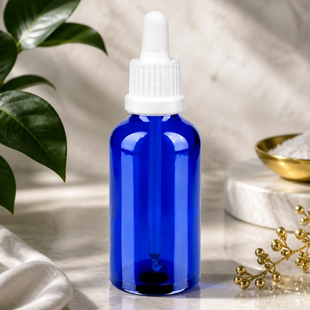 Frasco pipeta de 50 ml branco com fecho inviolável BlueLine UT18/50 Frasco de pipeta de 50 ml de alta qualidade em azul-cobalto OV BlueLine UT18/50 para farmácias e laboratórios