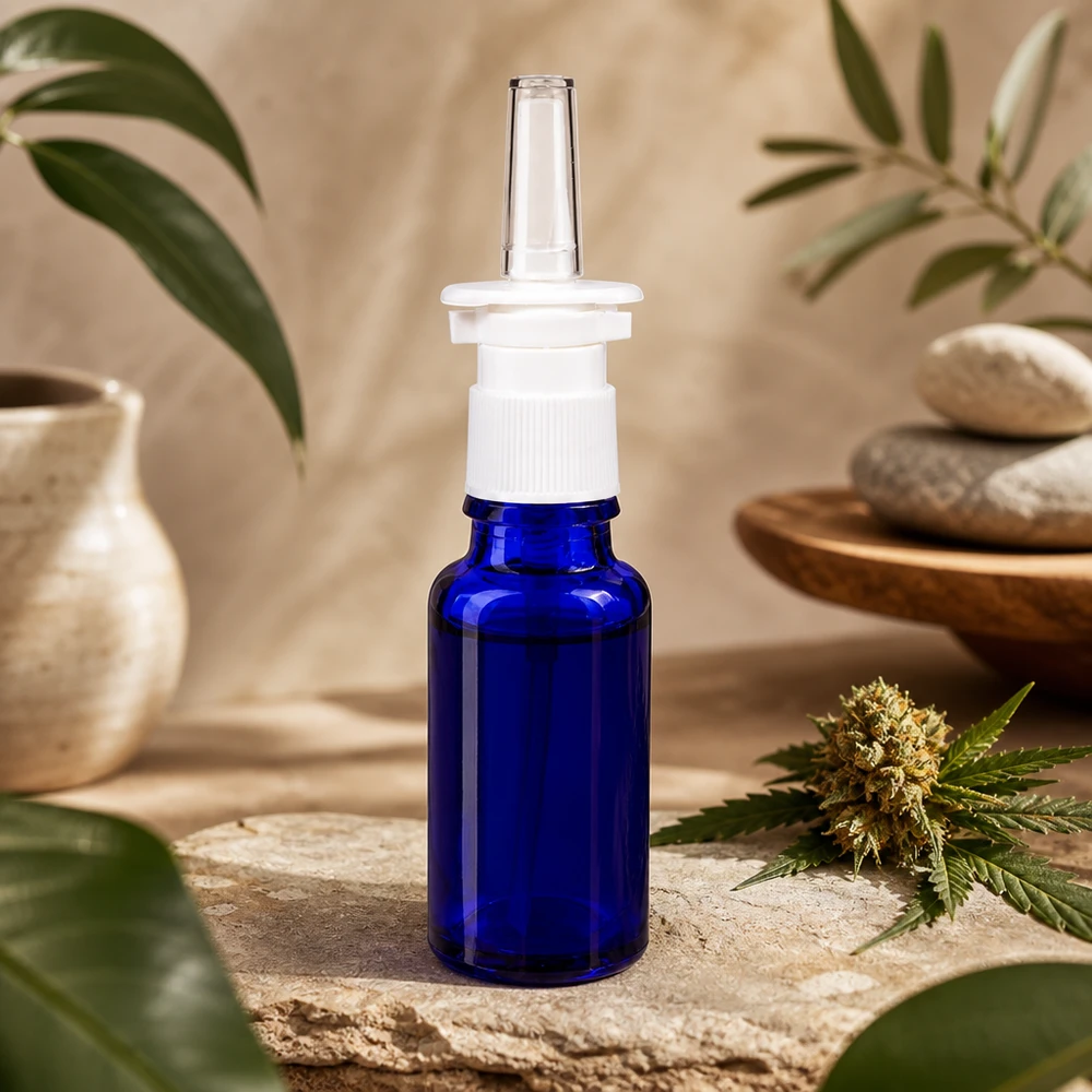 Frasco de farmácia azul 20ml atomizador nasal branco standard Frasco de spray nasal de 20 ml em vidro com proteção UV, na cor azul cobalto, com pulverizador branco sobre pedra natural
