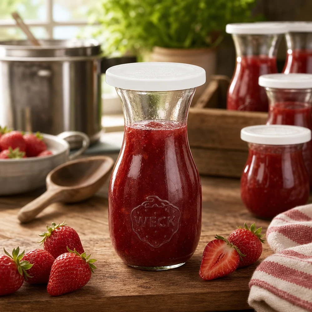 Garrafa para sumo de 290 ml com tampa de conservação WECK RR60 Garrafa de sumo WECK de 290 ml cheia de compota de morango vermelho rodeada de morangos frescos numa mesa de madeira