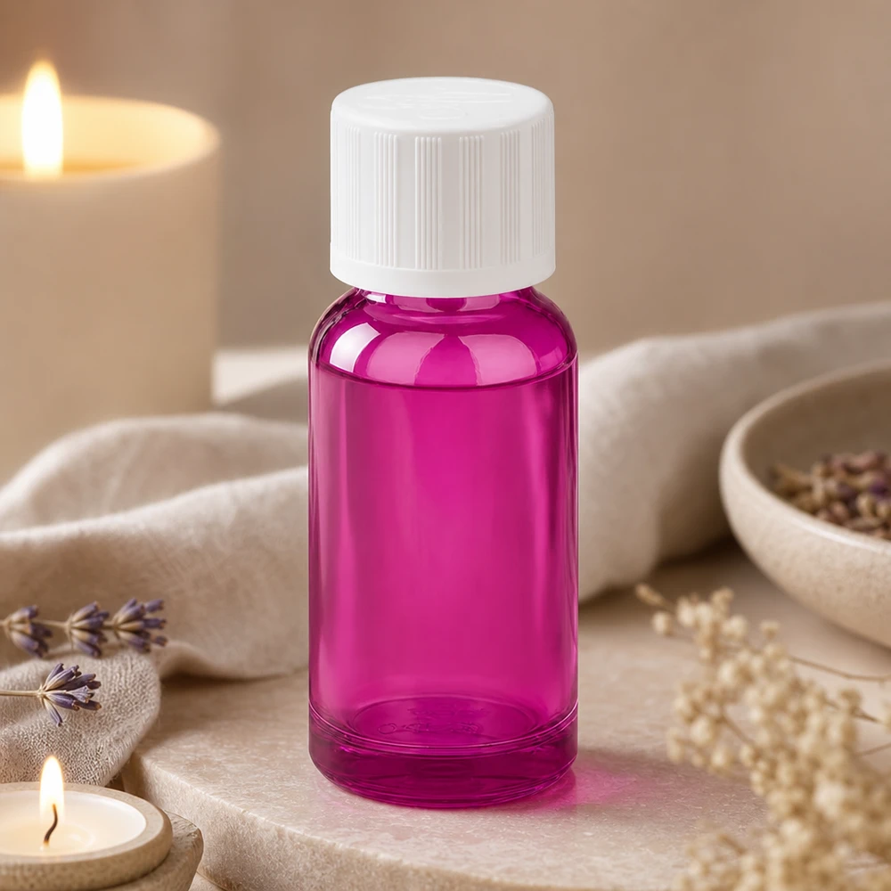 Frasco de vidro pequeno de 20 ml com design elegante em roxo e tampa branca para cosméticos