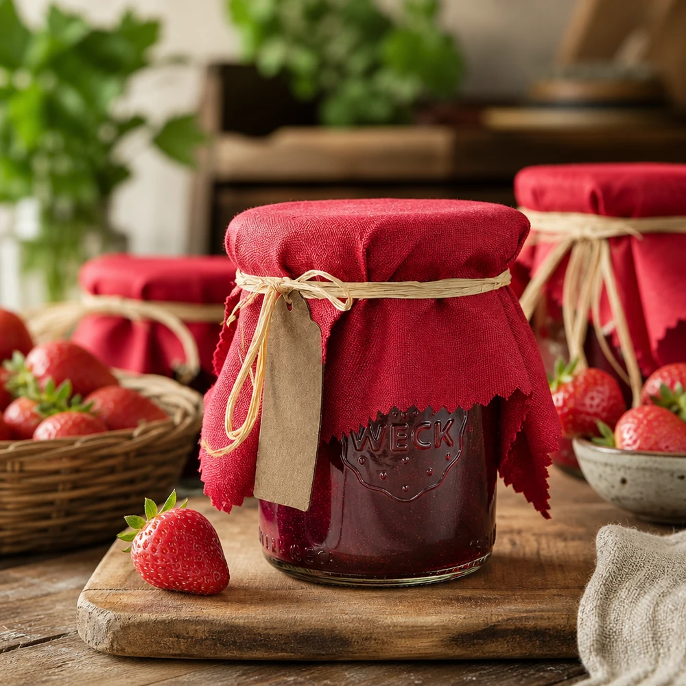 Pano de jóias em tecido vermelho bordeaux de 15 cm com ráfia e pendente de papel kraft num frasco de compota de morango