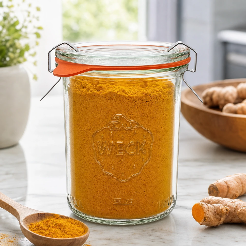 Copos de vidro de 160ml completos WECK RR60 WECK Sturzglas 160ml RR60 mit Kurkumapulver gefüllt neben Ingwerwurzeln zeigt perfekte Gewürzaufbewahrung