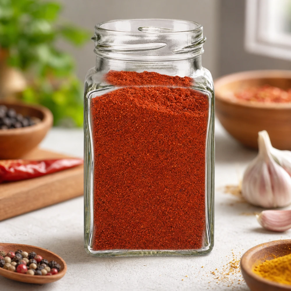 Frasco tetra de 260ml sem tampa (TO58) UNiTWIST UNiTWIST Tetra260 Frasco de 4 cantos 260ml cheio de pó de pimentão vermelho na cozinha com especiarias e alho