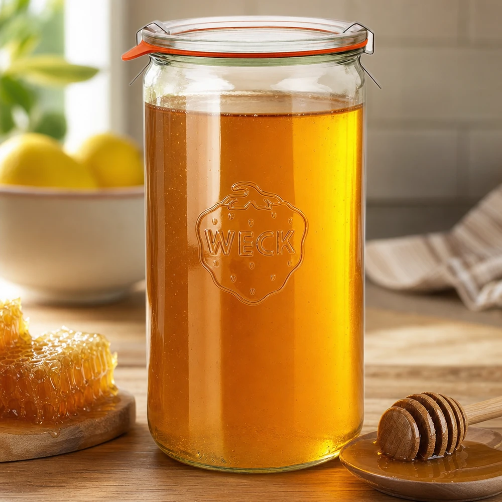 Frasco cilíndrico WECK 1590ml RR100 cheio de mel tampa basculante anel de borracha laranja colher de mel de madeira favo de mel