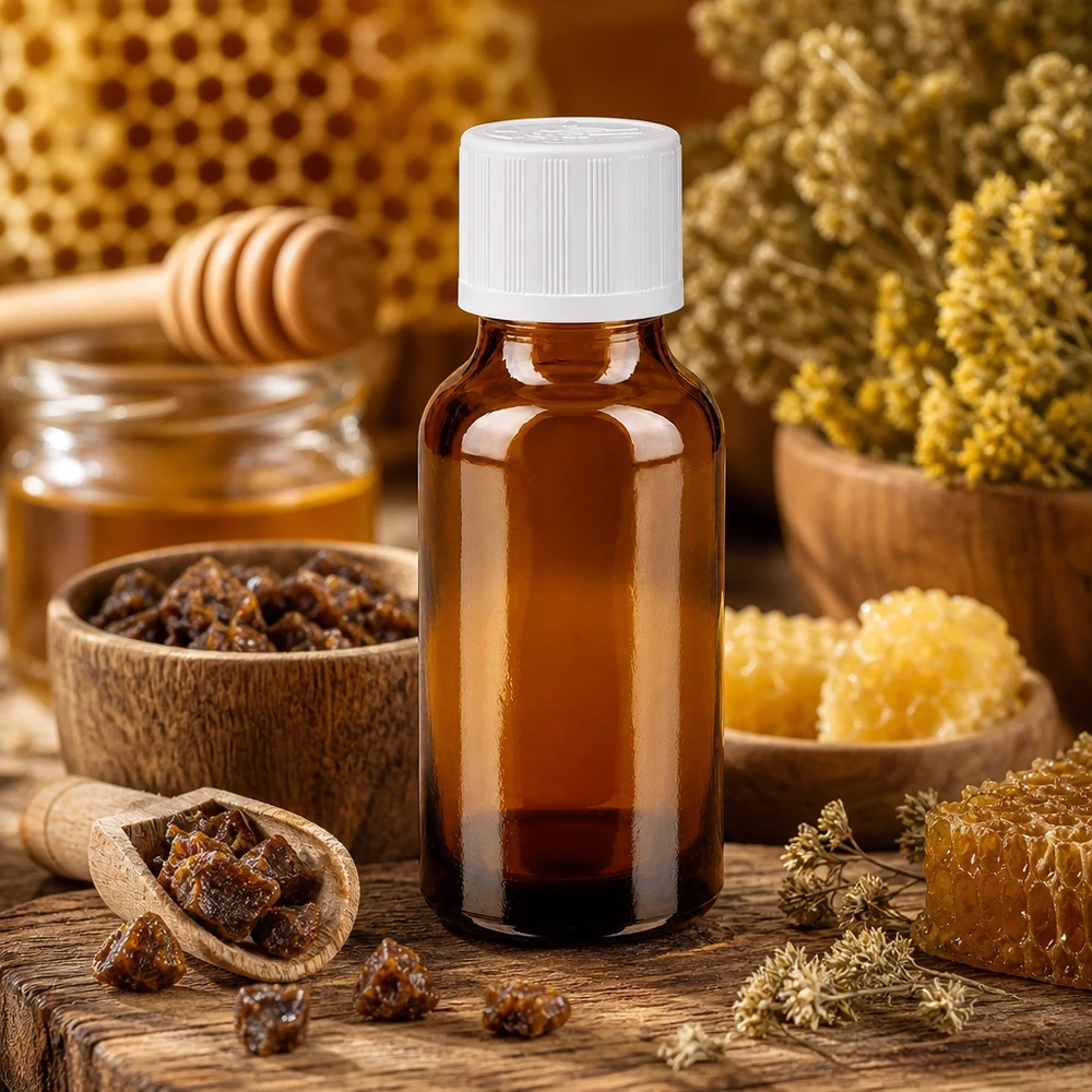 Frasco de farmácia castanho 20ml com tampa de rosca branca padrão resistente a crianças Frasco de farmácia de 20 ml em vidro castanho com tampa de segurança para crianças branca, rodeado por favos de mel e própolis