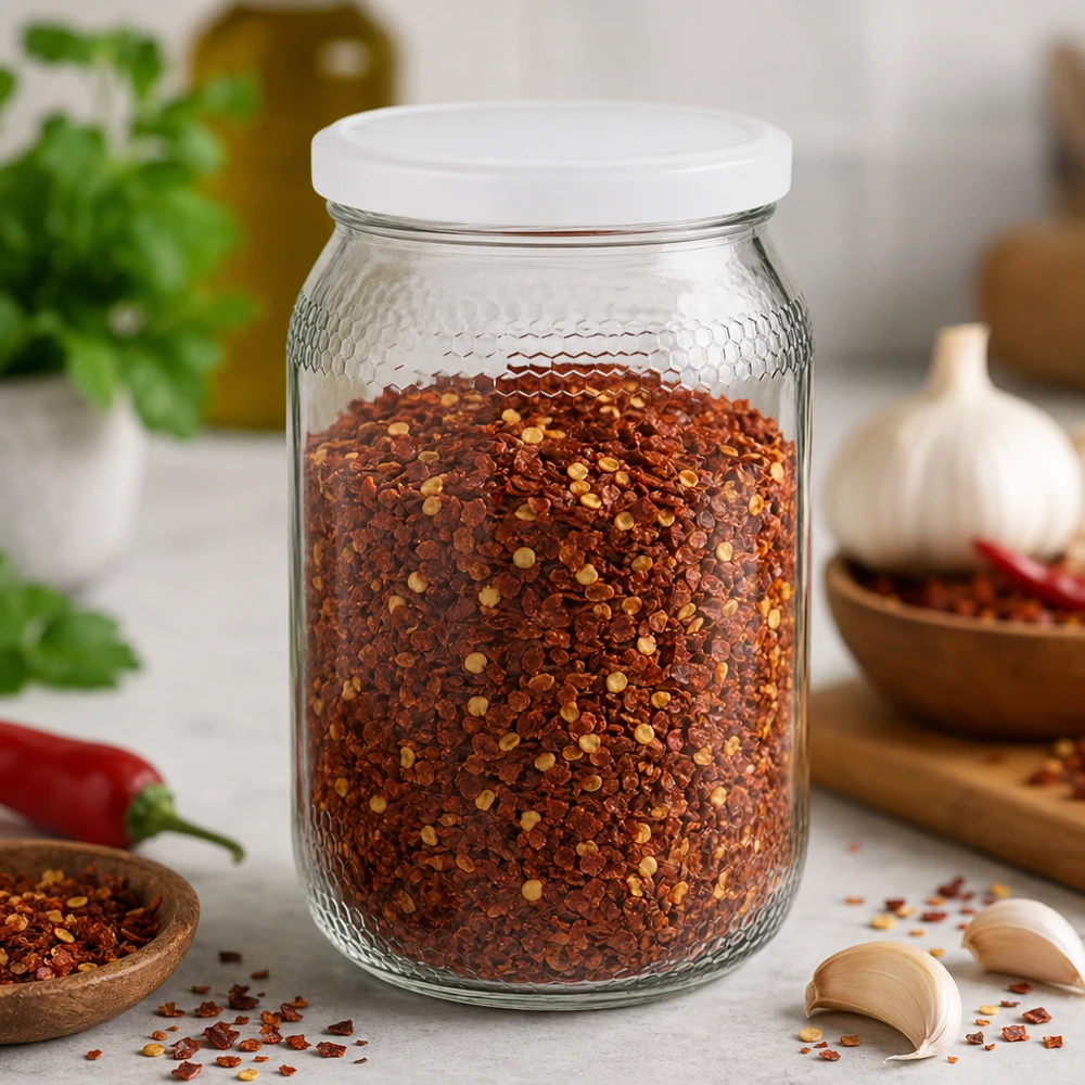 Frasco de mel de 900 ml cheio de flocos de malagueta mostra uma utilização versátil para especiarias e alimentos Tampa BasicSeal