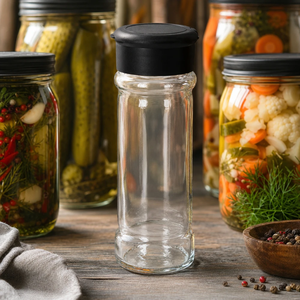Frasco para sal/especiarias de 100 ml com espalhador, preto Frasco transparente para especiarias de 100 ml com tampa com espalhador preta, com legumes em conserva no interior
