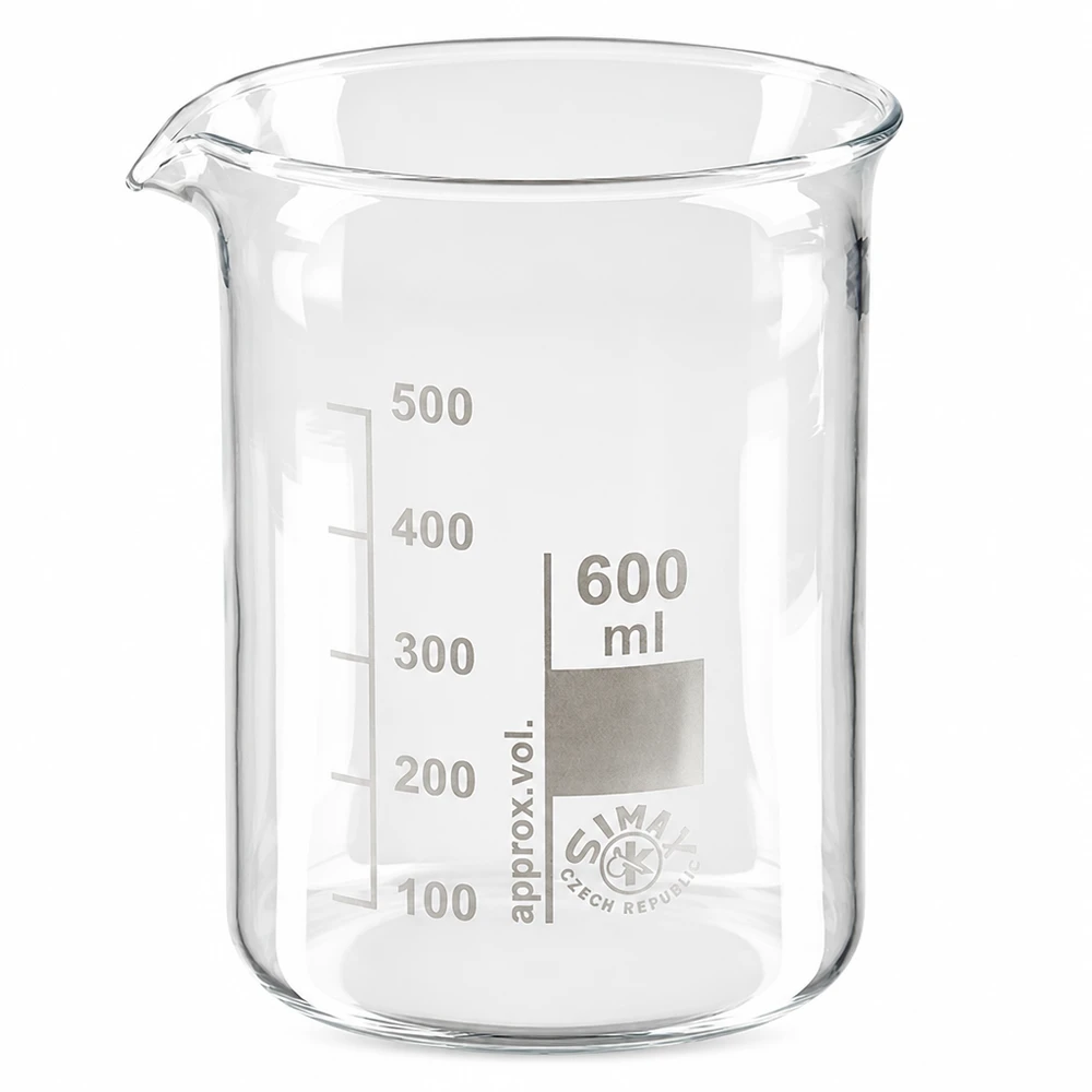 Copo de 600 ml em vidro borossilicato de baixo molde com bico para laboratório e cozinha