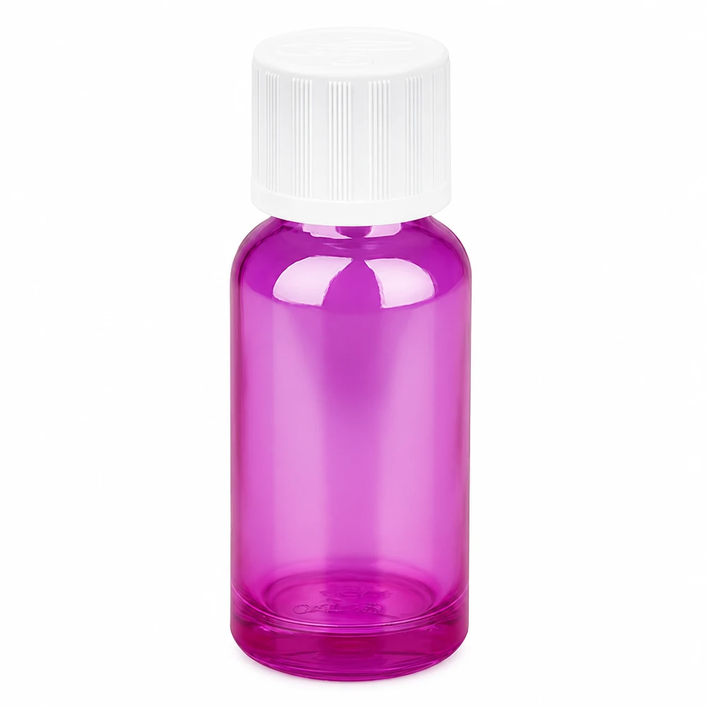 Frasco de vidro de 20 ml transparente roxo com tampa de rosca branca para cosméticos e aromaterapia