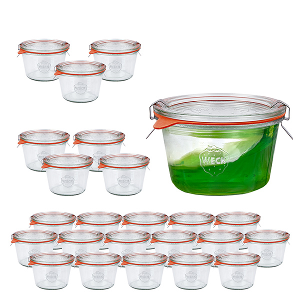 Conjunto de 24 copos de vidro Weck de 370ml com 24 tampas de vidro Conjunto de 24 copos de vidro Weck de 370ml com 24 tampas de vidro