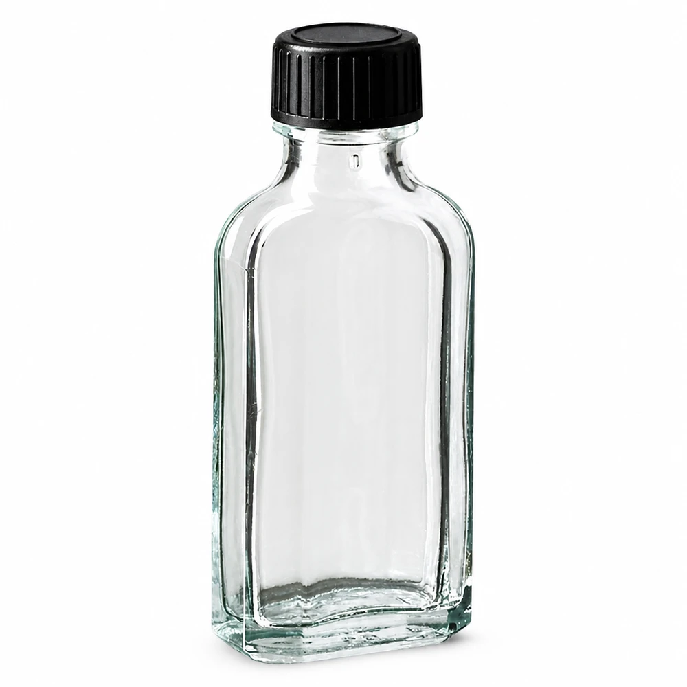 Frasco de vidro Meplat transparente de 50 ml com tampa de rosca preta e anel de vedação em EPE