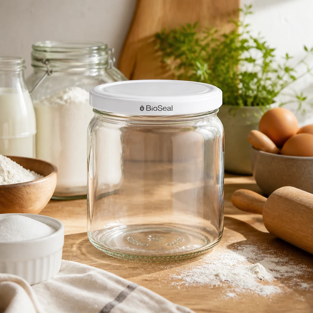 Frasco redondo de 408 ml com tampa BioSeal branca UNiTWIST UNiTWIST Runda408 leeres Einmachglas in gemütlicher Küche - vielseitiges Vorratsglas mit BioSeal für Backen und Kochen