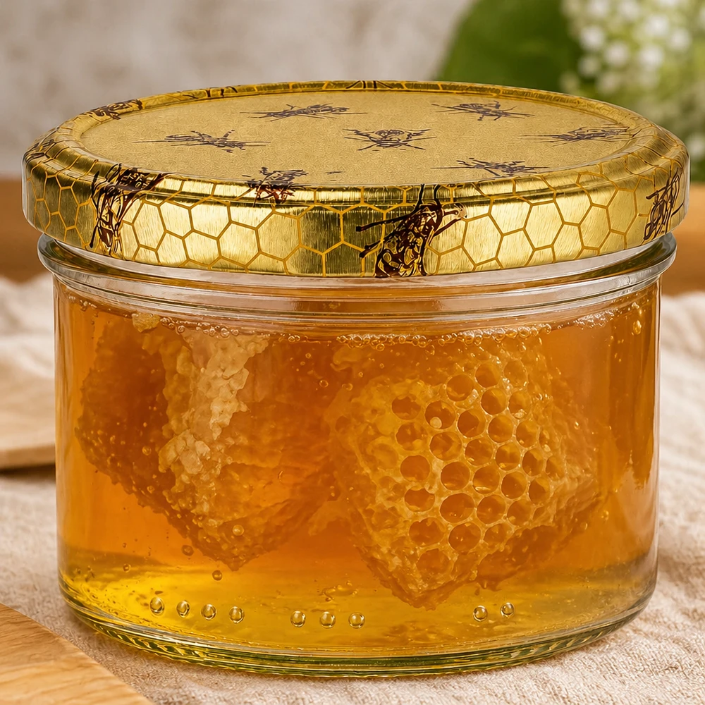 300g Honigglas mit Bienenwabe Deckel BasicSeal UNiTWIST Frasco de mel de 300 g cheio de favo de mel dourado em mel, tampa decorativa com padrão de abelha
