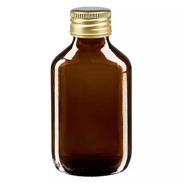 Frasco para medicamentos de 150 ml castanho, com tampa de alumínio dourada ApoGlas Frasco para medicamentos de 150 ml castanho, com tampa de alumínio dourada ApoGlas