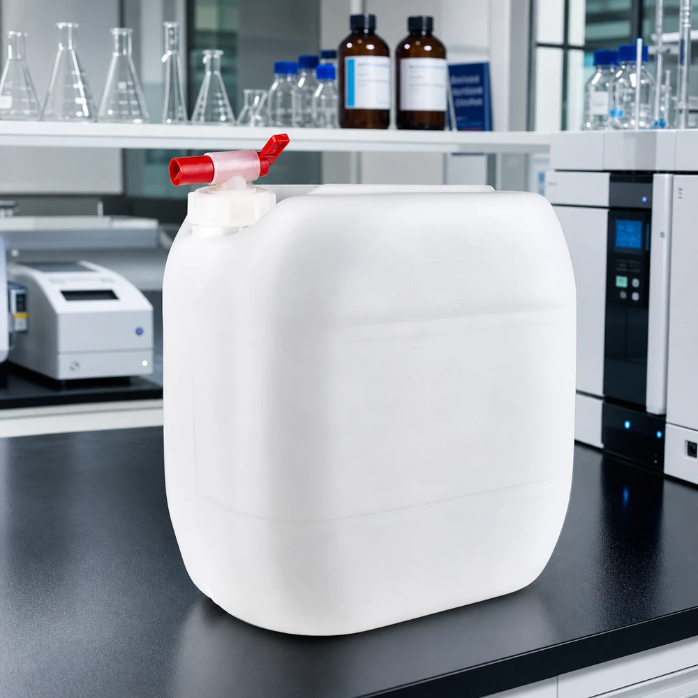 Recipiente quadrado de 30 L com torneira de escoamento vermelha sobre uma bancada de laboratório preta