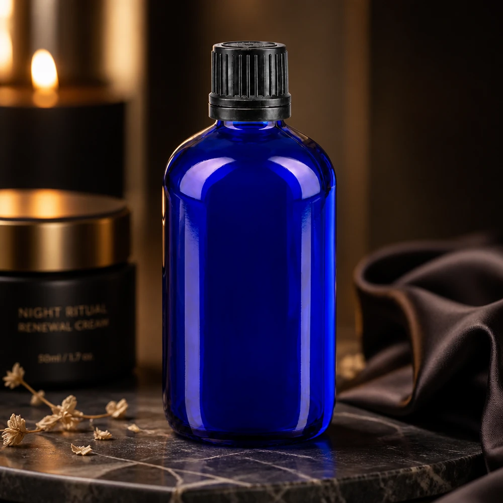 Frasco de vidro de farmácia azul de 100 ml com tampa preta estriada, num elegante ambiente noturno