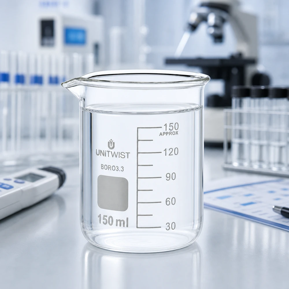 Copo UNiTwist de 150 ml, de borossilicato 3.3, de formato baixo, com água pura, num ambiente laboratorial