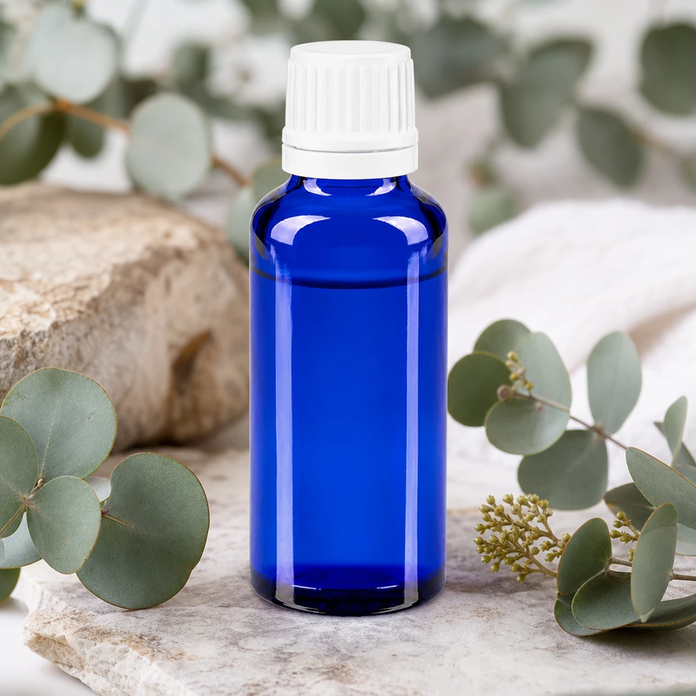 Frasco de vidro azul cobalto de 30 ml com conta-gotas branco entre ramos de eucalipto sobre pedra natural