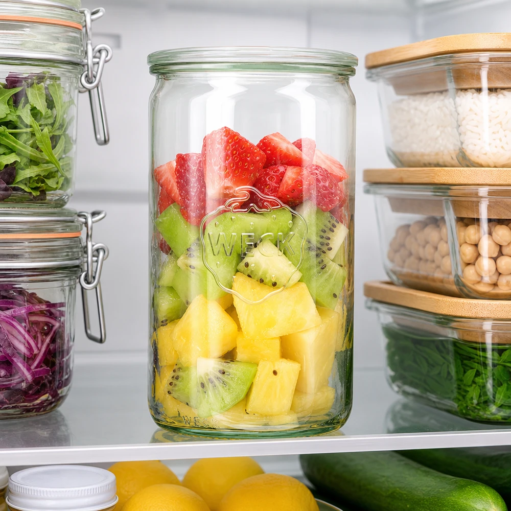 Frasco cilíndrico WECK 1590ml RR100 no frigorífico com salada de fruta fresca morangos kiwi ananás entre outros frascos de arrumação