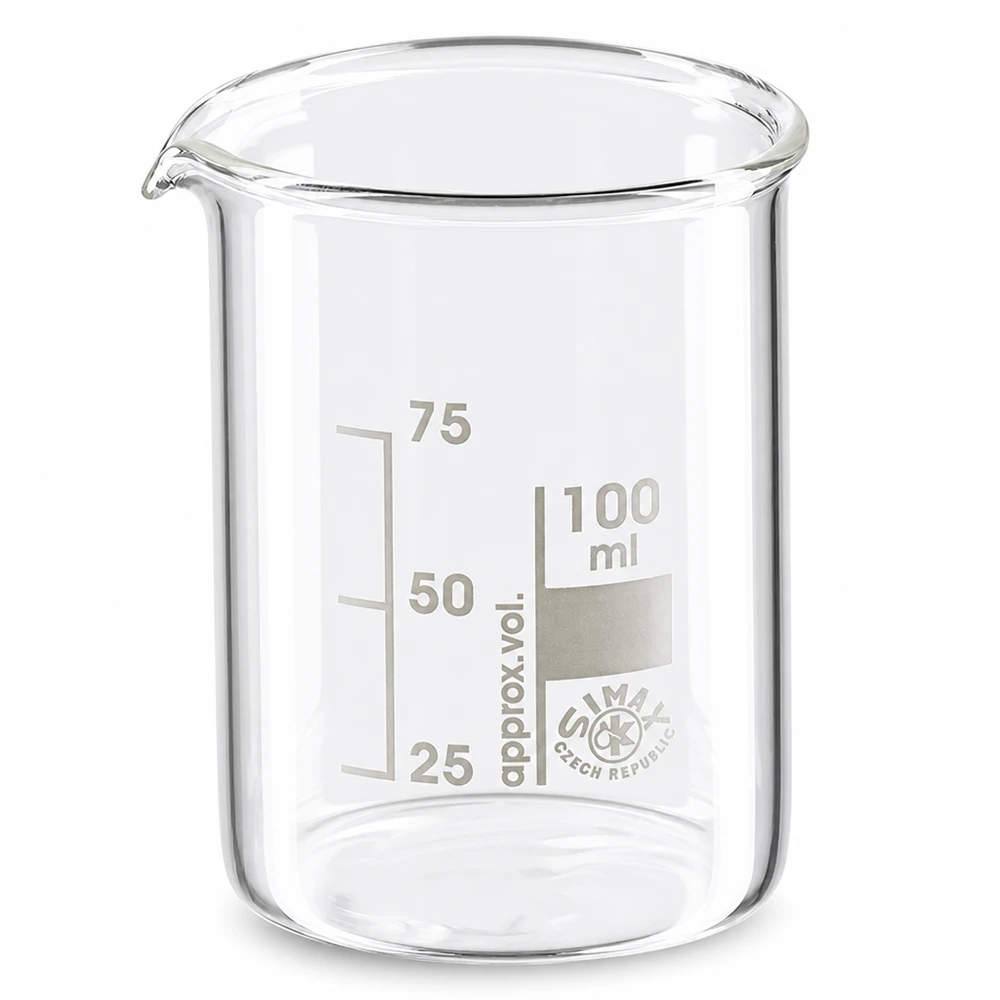 Copo 100 ml de vidro borossilicato, forma baixa Copo de 100 ml em vidro borossilicato de alta qualidade com bico e graduação em forma de baixo