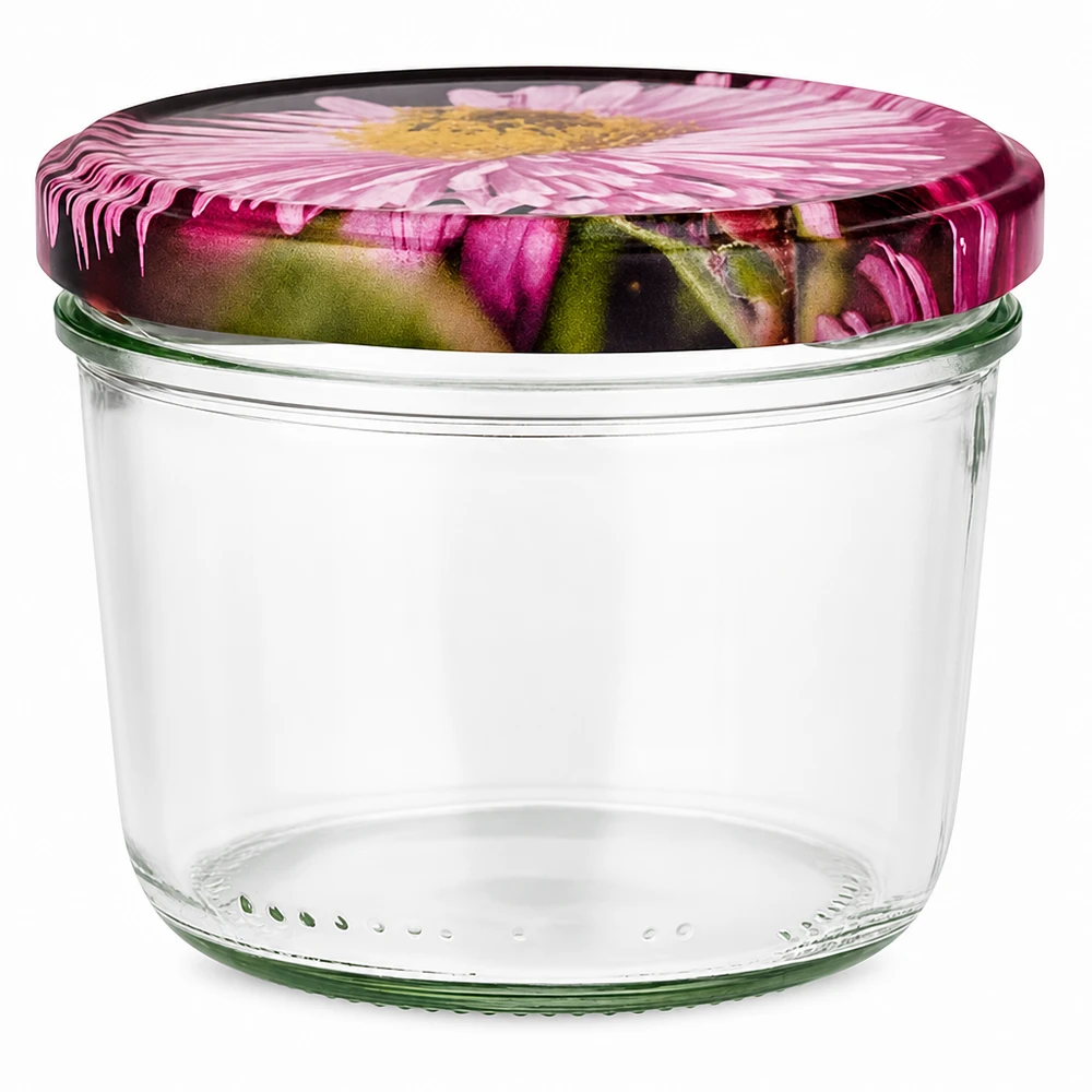 Frasco de vidro de 230 ml com tampa BasicSeal com desenho de flores, frasco de vidro vazio com padrão de flores cor-de-rosa sobre fundo branco